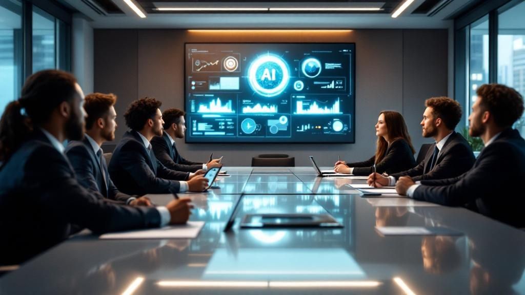 Corporate boardroom with executives reviewing AI training dashboards