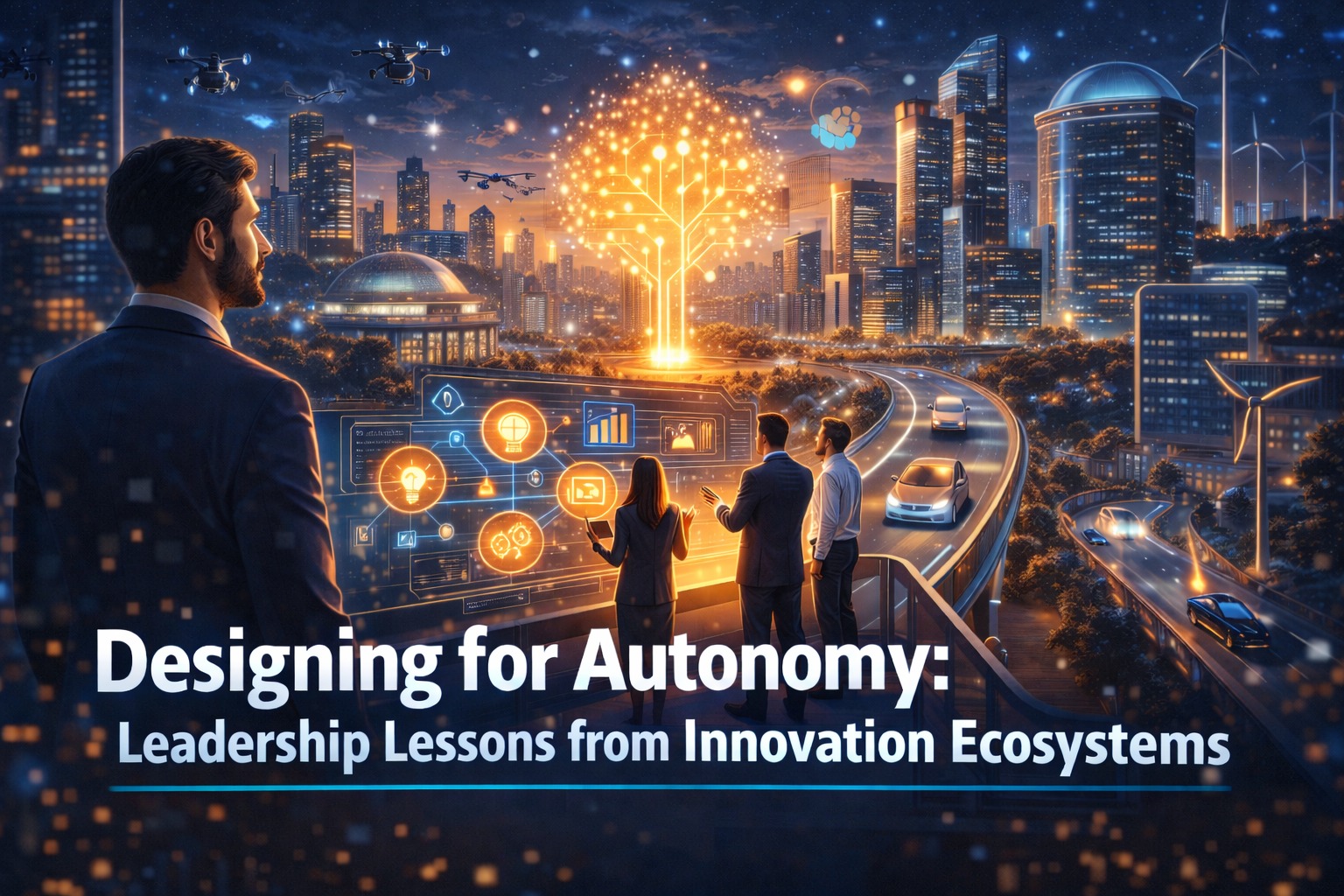 Business leaders observing futuristic innovation ecosystem with glowing technology tree and smart city