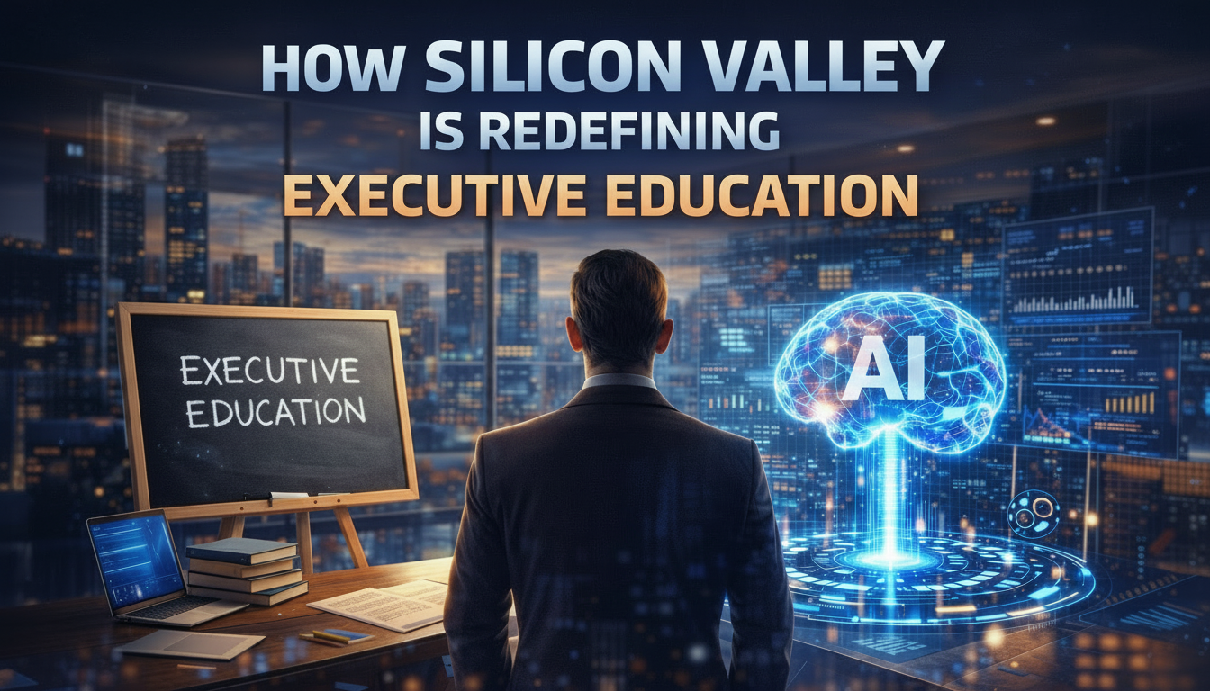 Executive viewing AI brain hologram in modern office with city skyline - representing the intersection of executive education and artificial intelligence