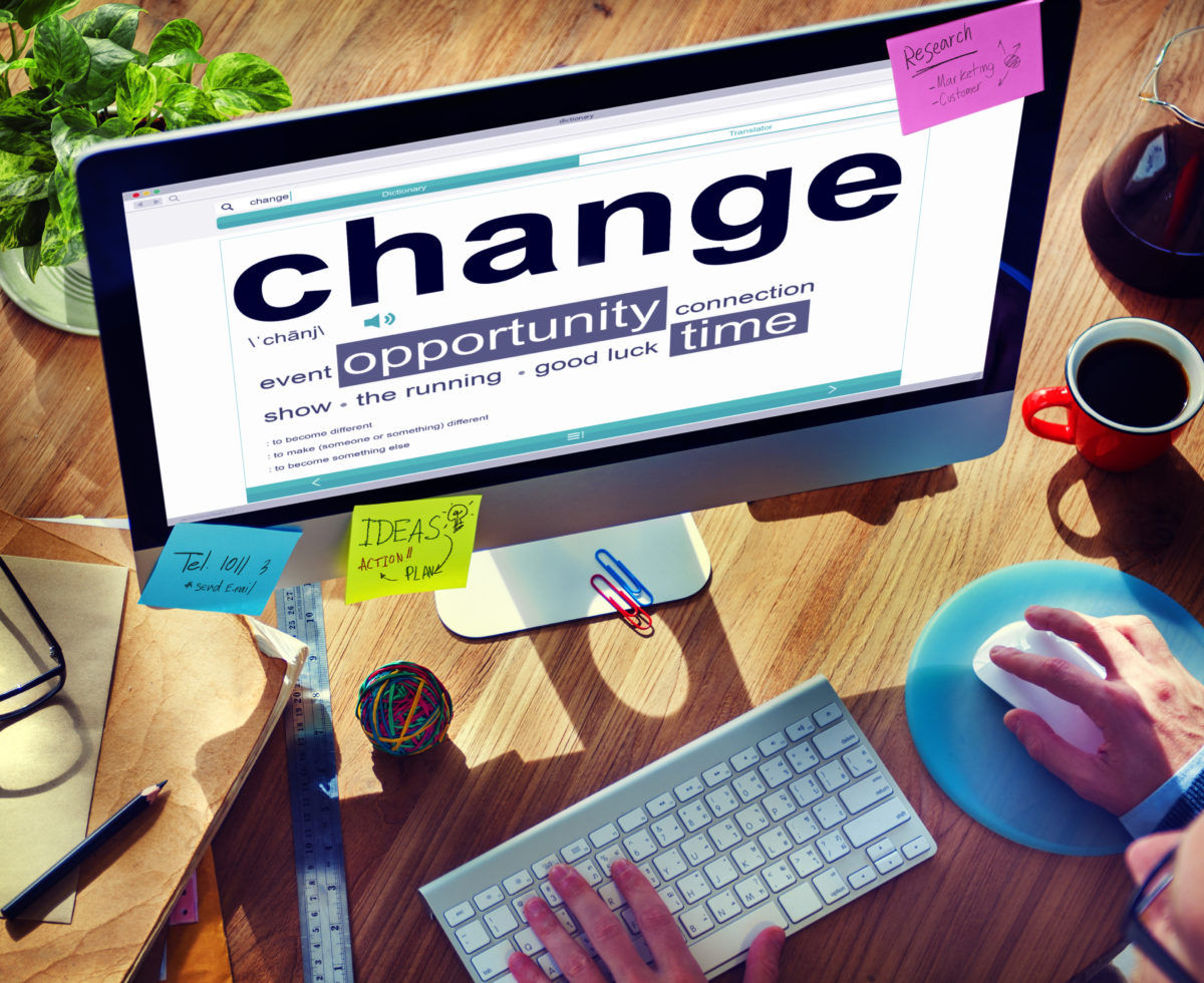 Change management concept on a computer screen with opportunity and connection keywords