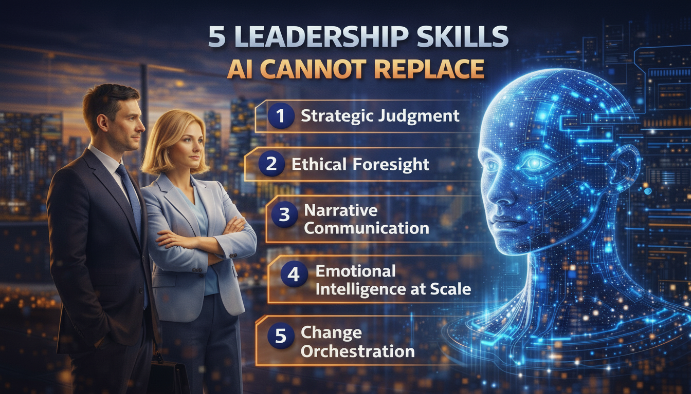 Two executives looking at AI holographic head with 5 leadership skills listed: Strategic Judgment, Ethical Foresight, Narrative Communication, Emotional Intelligence at Scale, and Change Orchestration