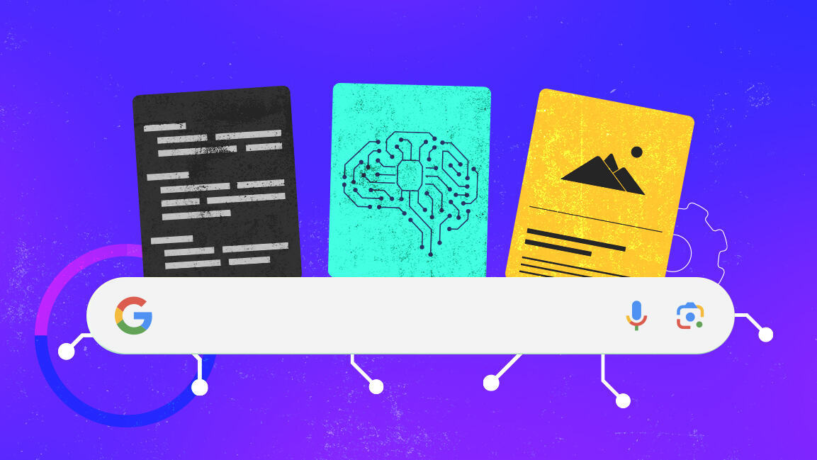 Abstract visualization of AI-powered retail marketing with interconnected creative assets flowing through a neural network