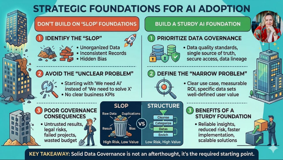 Strategic Foundations for AI Adoption infographic showing SLOP vs STRUCTURE comparison for data governance