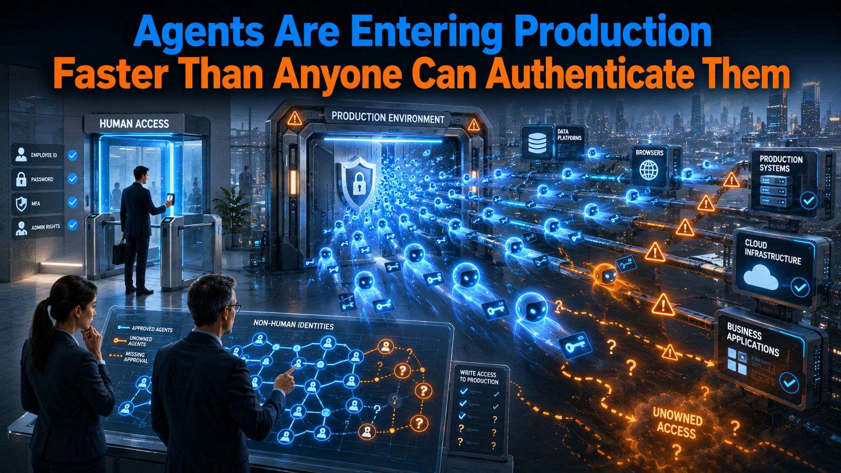 Abstract visualization of AI agents connecting to enterprise systems with authentication and identity locks