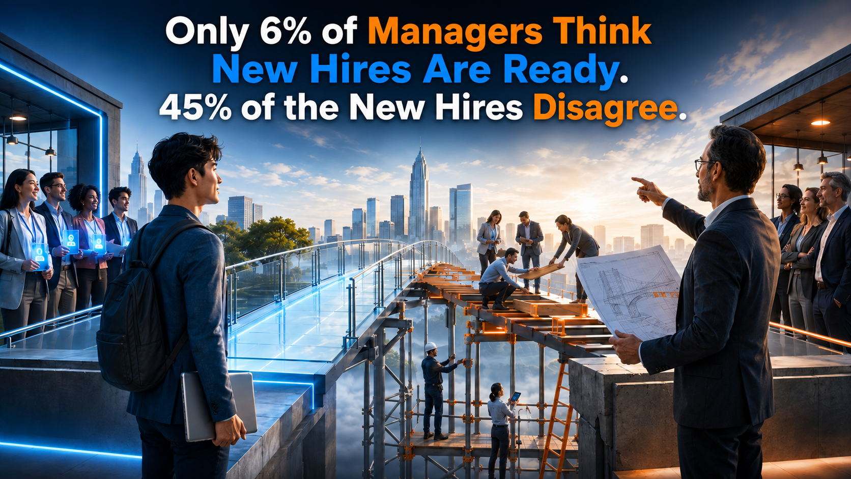 Split illustration contrasting a confident Gen Z new hire with a skeptical manager, representing the workplace readiness perception gap