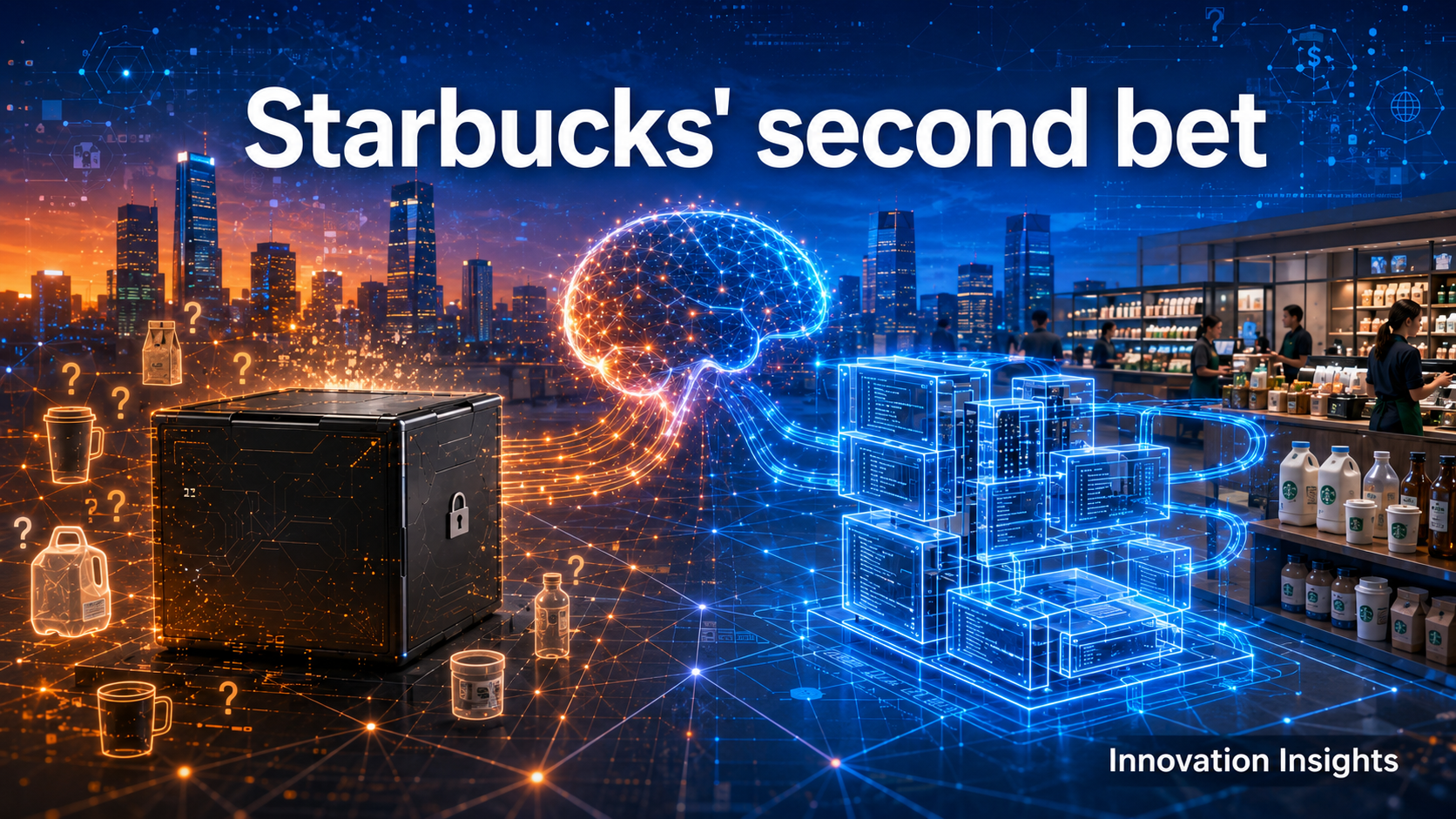 Illustration of a Starbucks storefront with lines of code overlaid, representing the shift from buying to building software