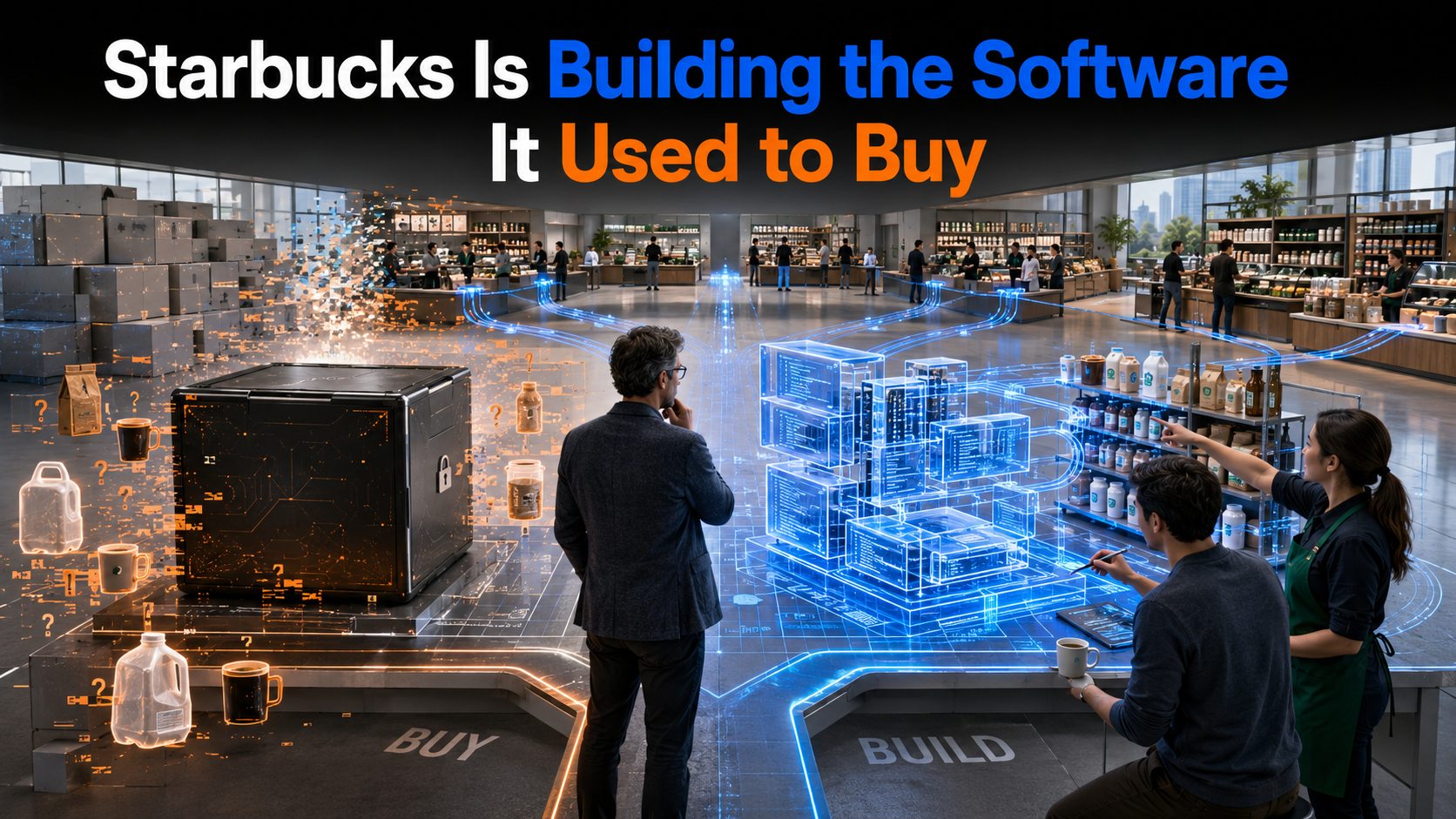 Starbucks logo layered over developer code and enterprise software icons, symbolizing in-house AI-assisted software development