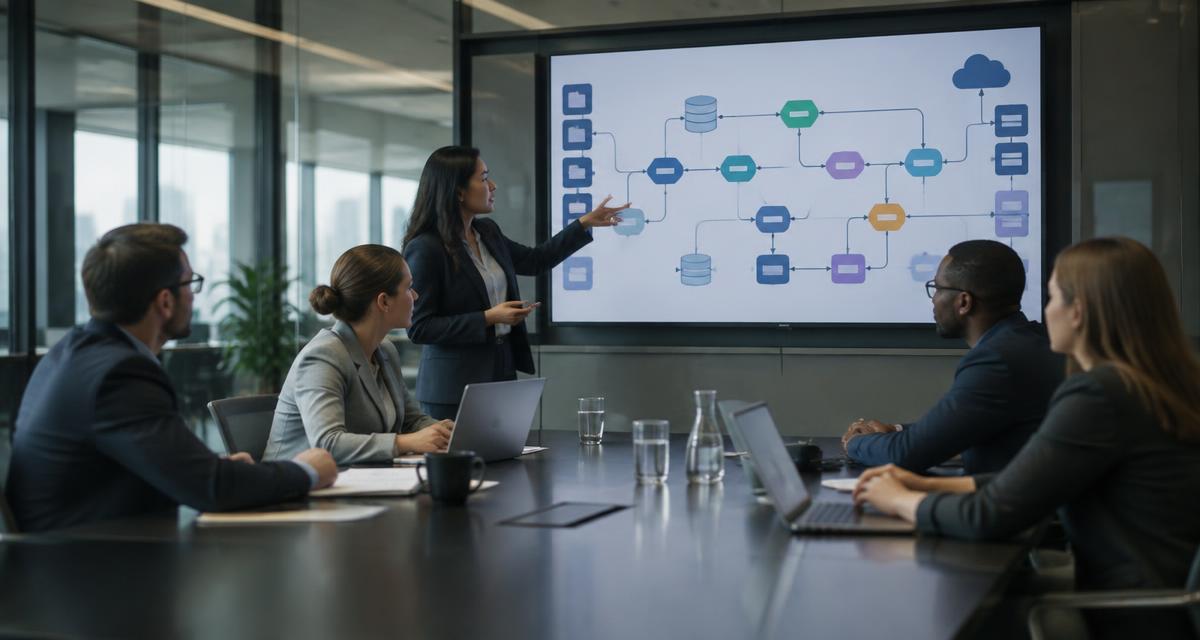 Leadership team mapping enterprise workflows and data flows during an AI operating model discussion
