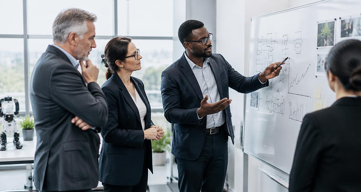 Executives reviewing a bounded innovation experiment on a whiteboard in a corporate innovation lab