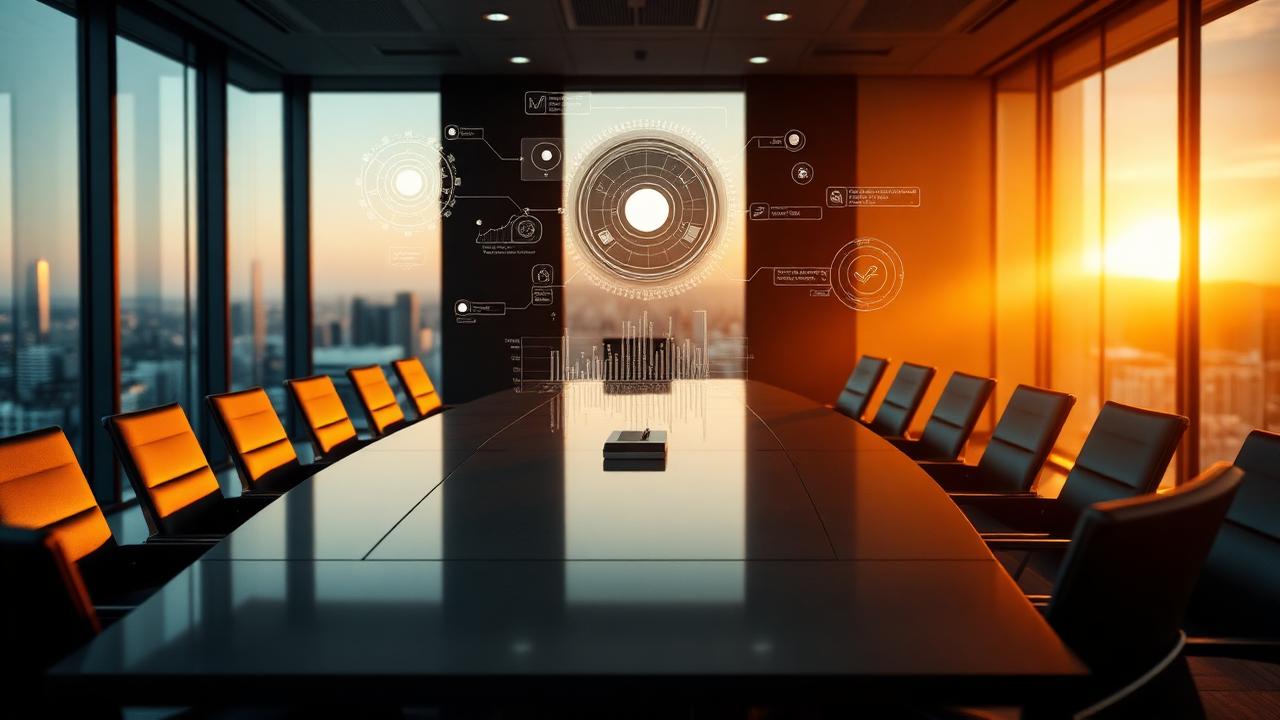 Modern boardroom at golden hour with strategic data overlays