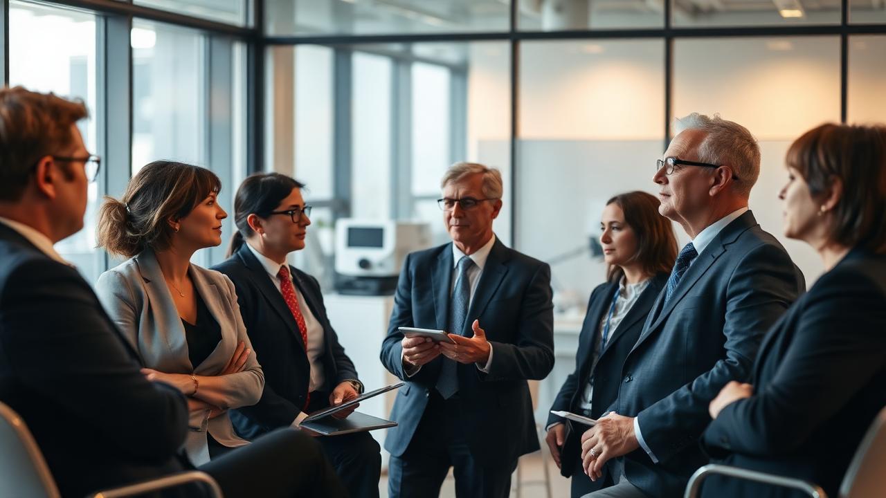 Senior executives in discussion inside a modern Silicon Valley innovation lab