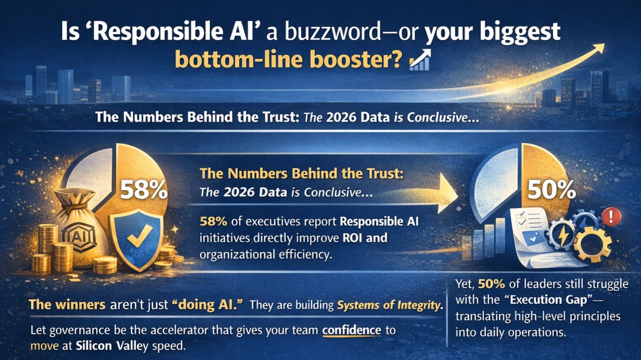 Responsible AI infographic showing 58% of executives report improved ROI and 50% struggle with the Execution Gap